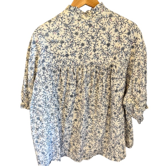 XíRENA Floral Boho Blouse – Blue & Cream Print, Size L - Picture 2 of 4